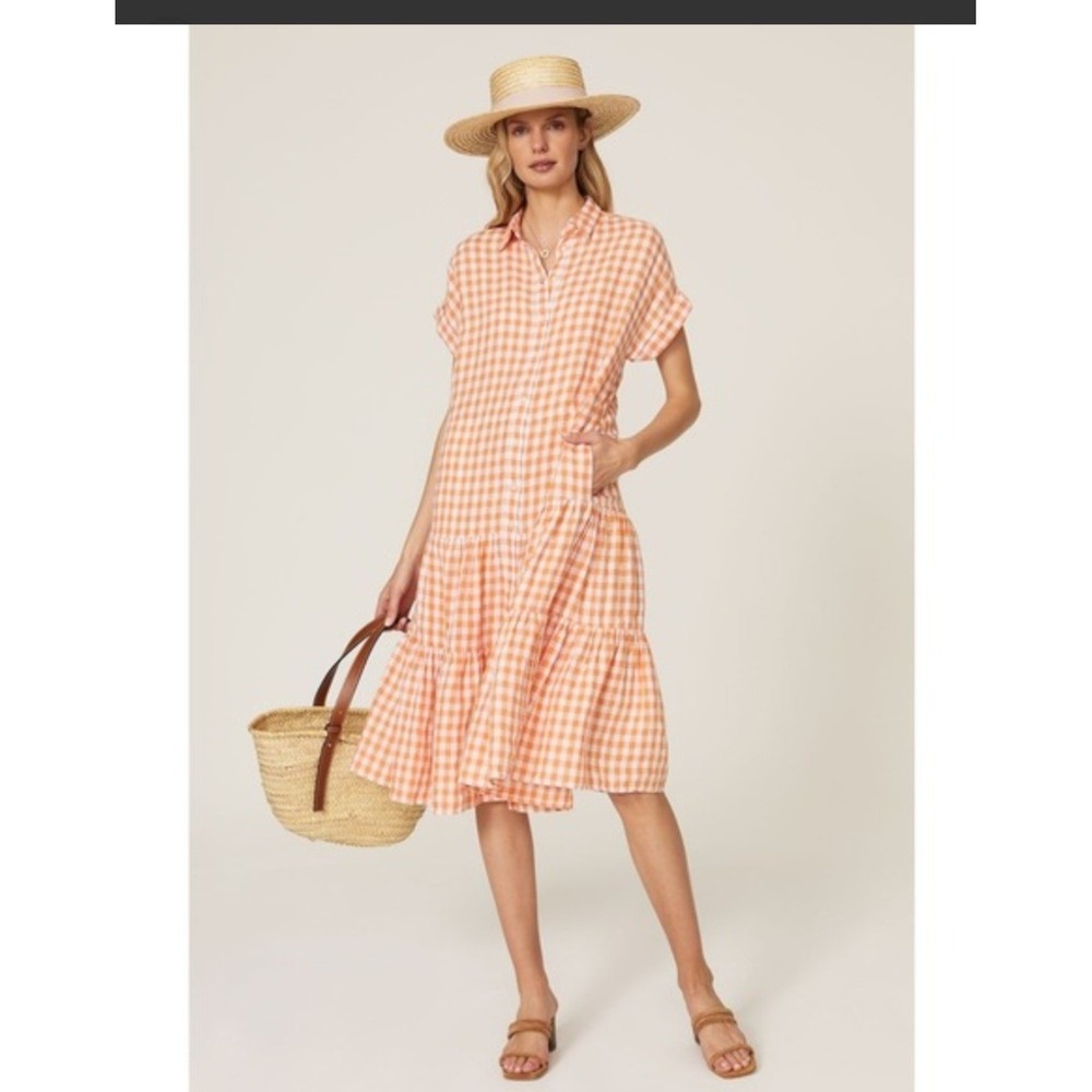 Lauren Ralph Lauren Shirtdress Women 6 Orange Gingham Linen Tiered Midi Dress
